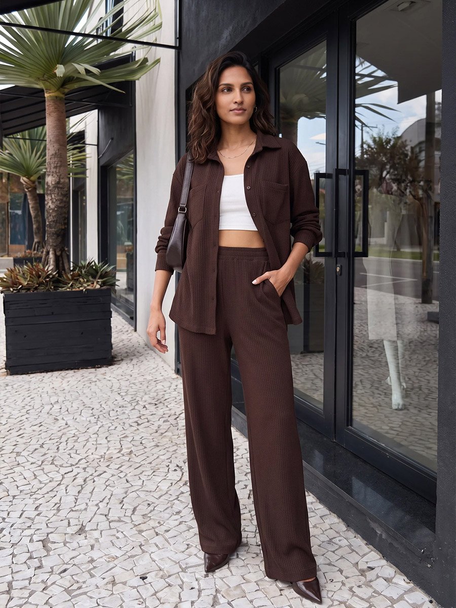 Women Coffee Brown Waffle Knit Button Down Shirt