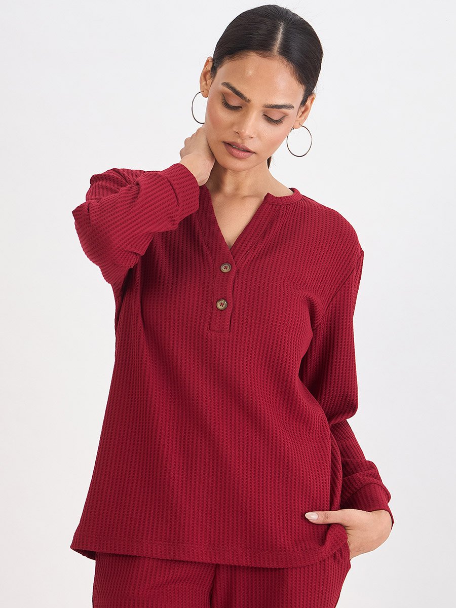 Women Red Waffle Knit Long Sleeve Top