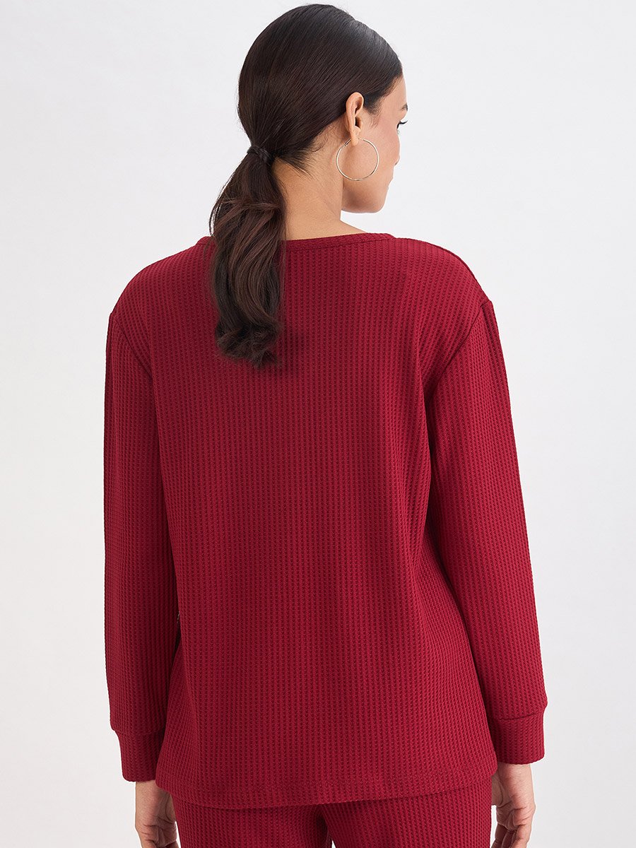 Women Red Waffle Knit Long Sleeve Top