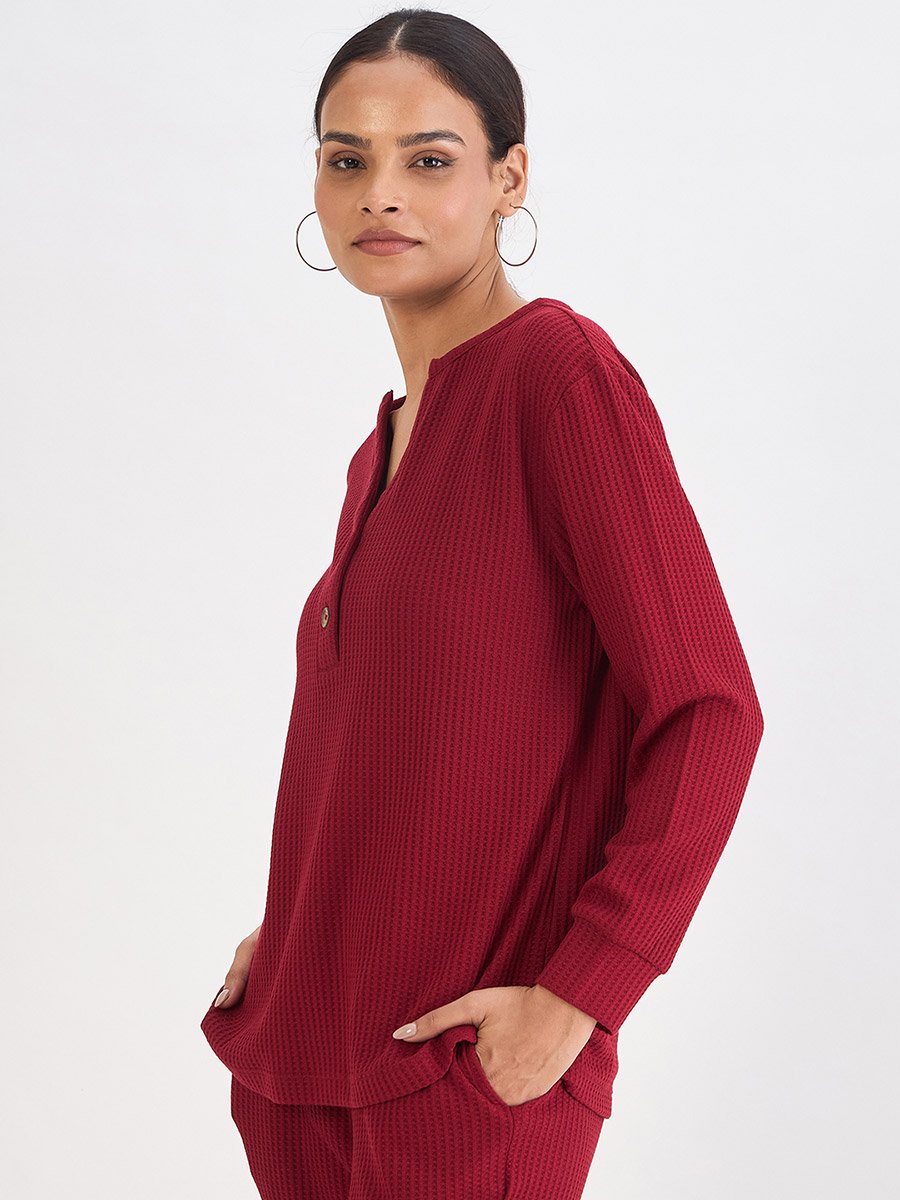 Women Red Waffle Knit Long Sleeve Top