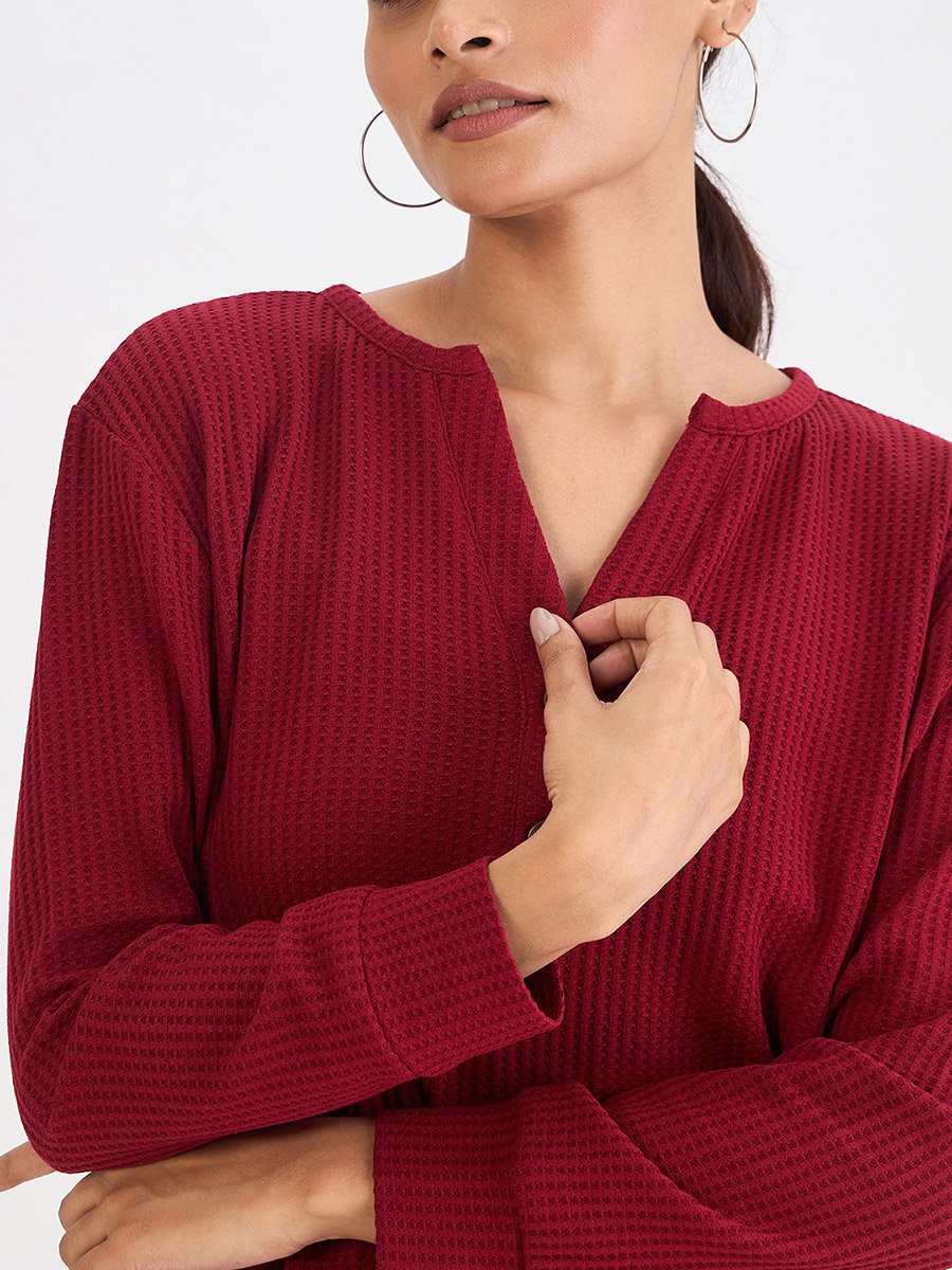 Women Red Waffle Knit Long Sleeve Top