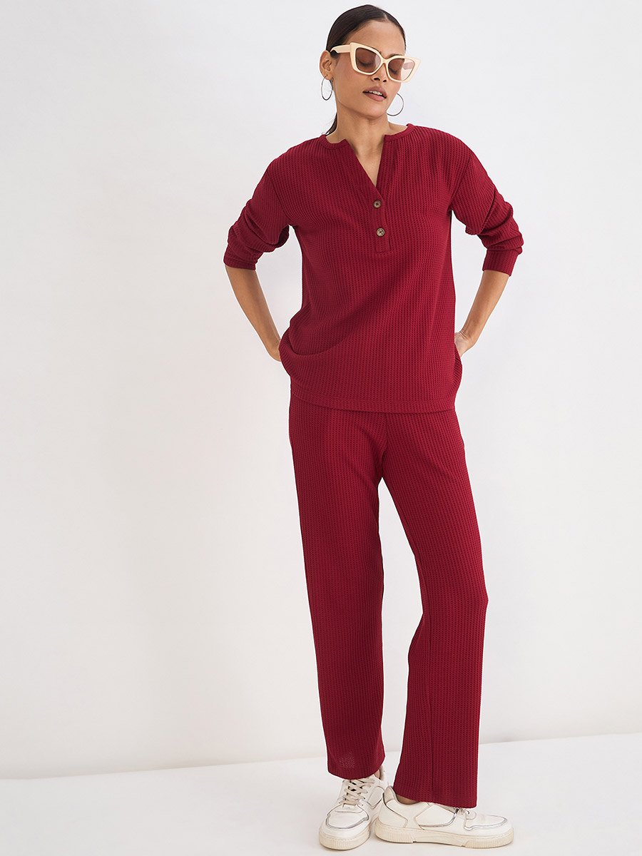 Women Red Waffle Knit Long Sleeve Top