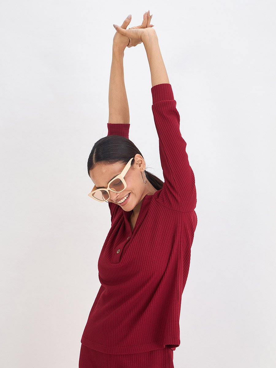 Women Red Waffle Knit Long Sleeve Top