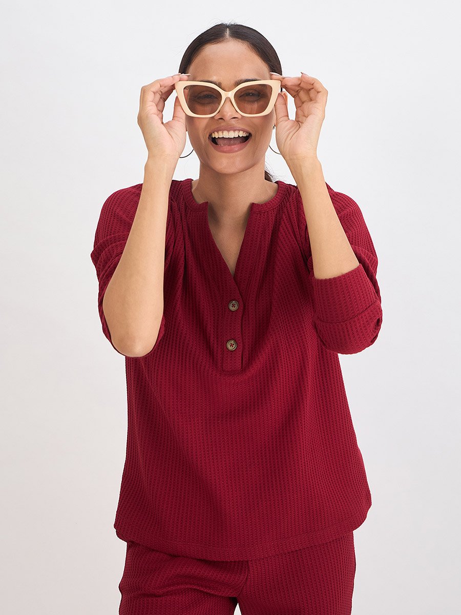 Women Red Waffle Knit Long Sleeve Top
