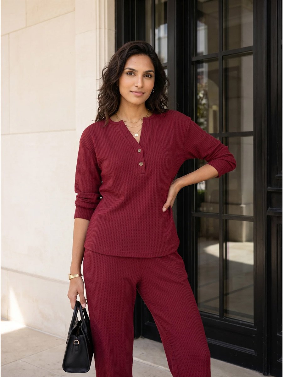 Women Red Waffle Knit Long Sleeve Top