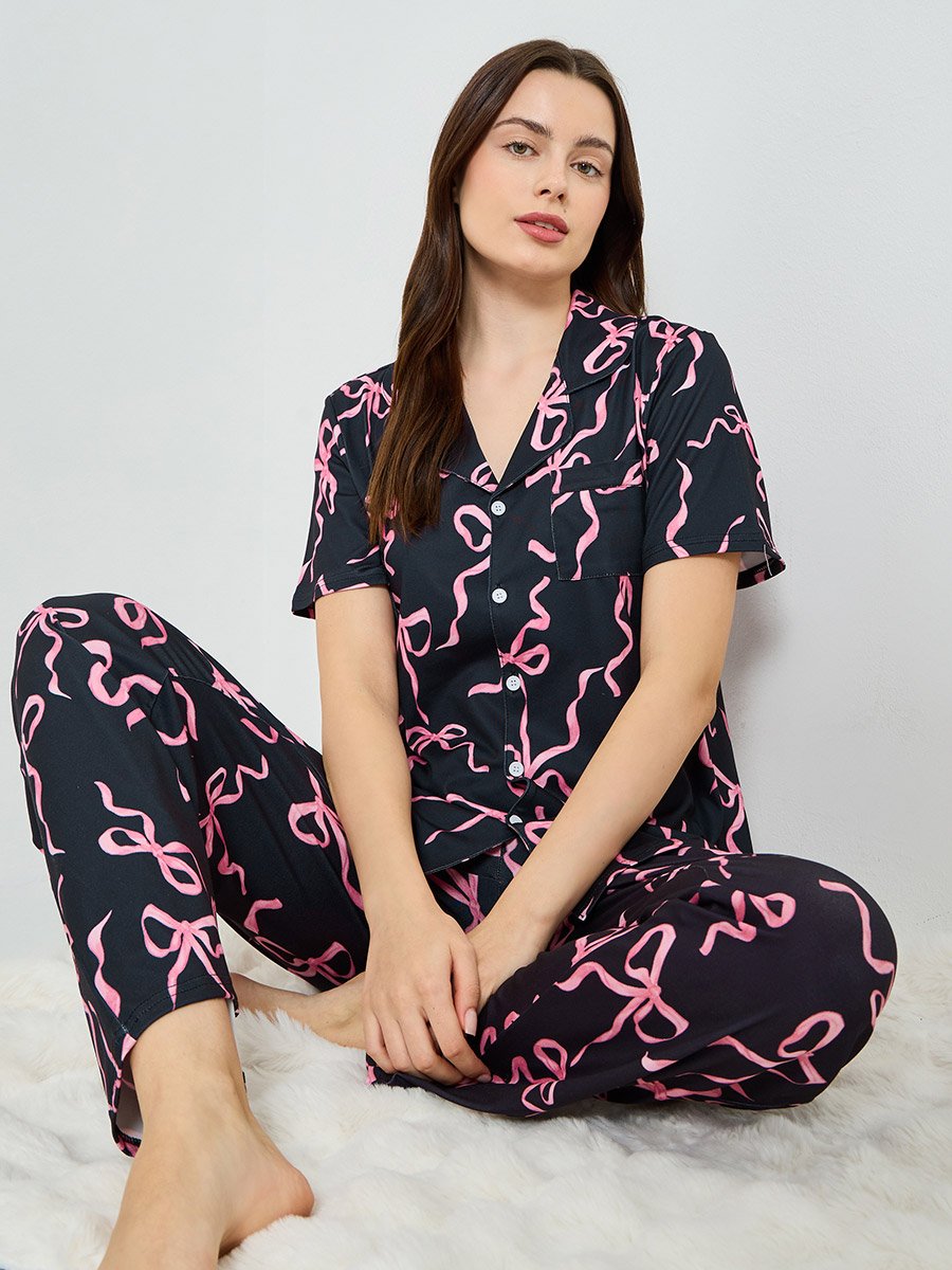 Women Bow Print Buttoned Shirt and Pyjama Set