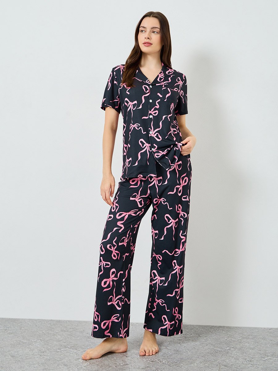 Women Bow Print Buttoned Shirt and Pyjama Set