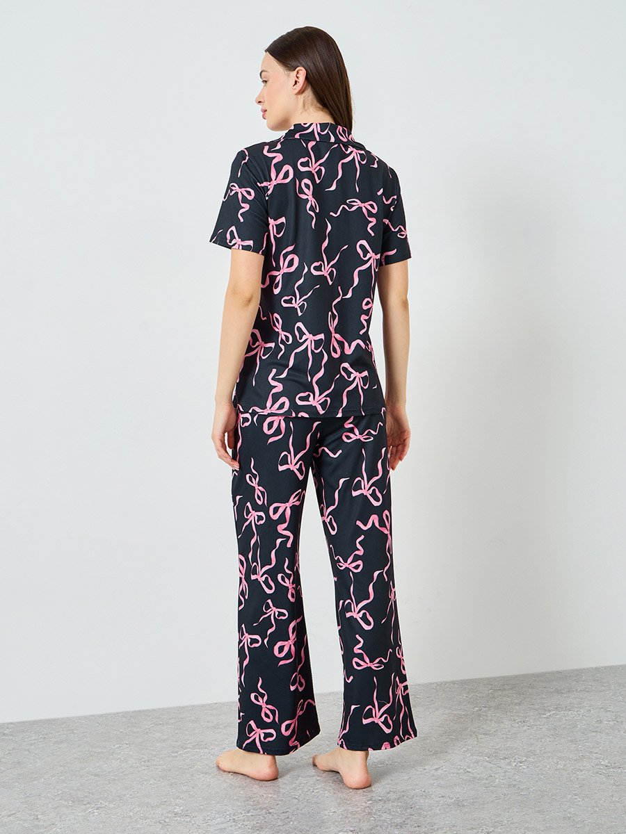 Women Bow Print Buttoned Shirt and Pyjama Set
