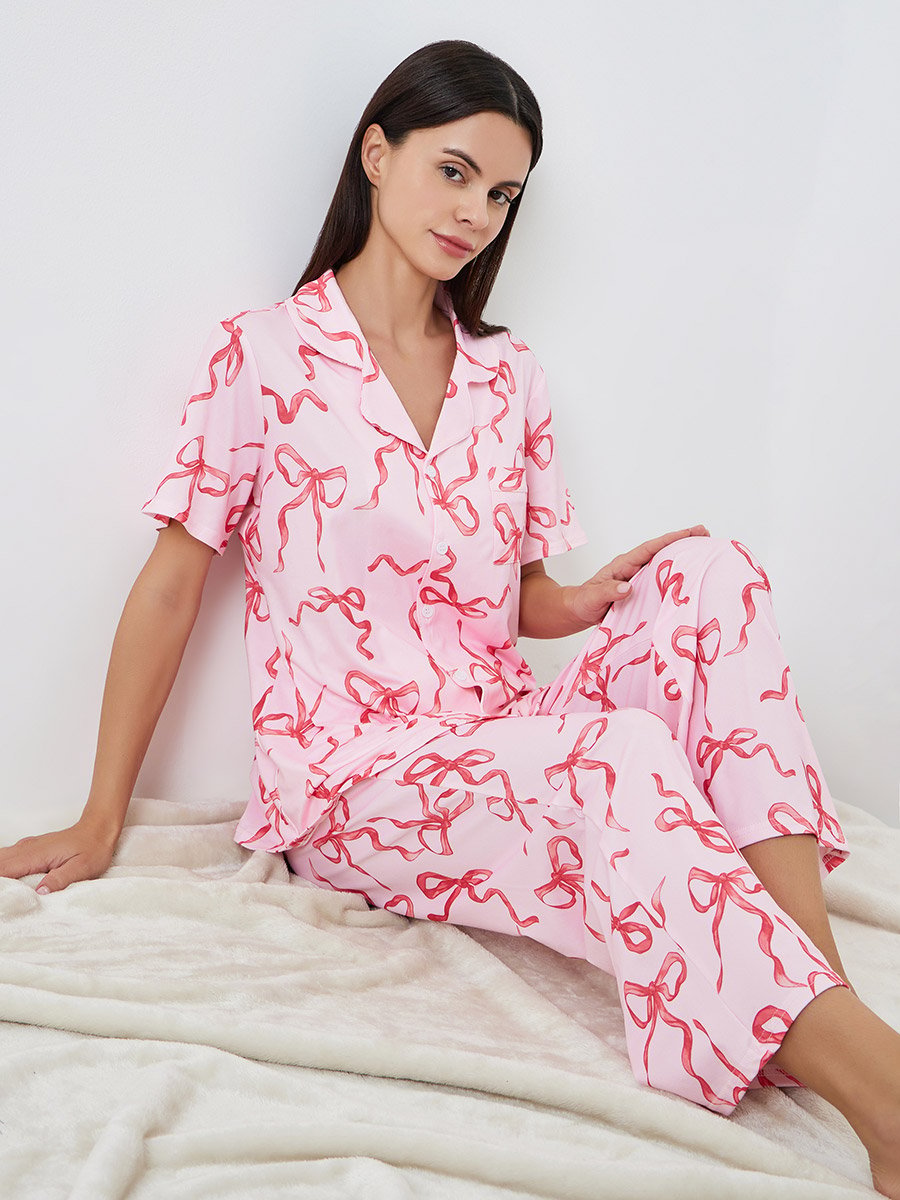 Women Bow Print Buttoned Shirt and Pyjama Set