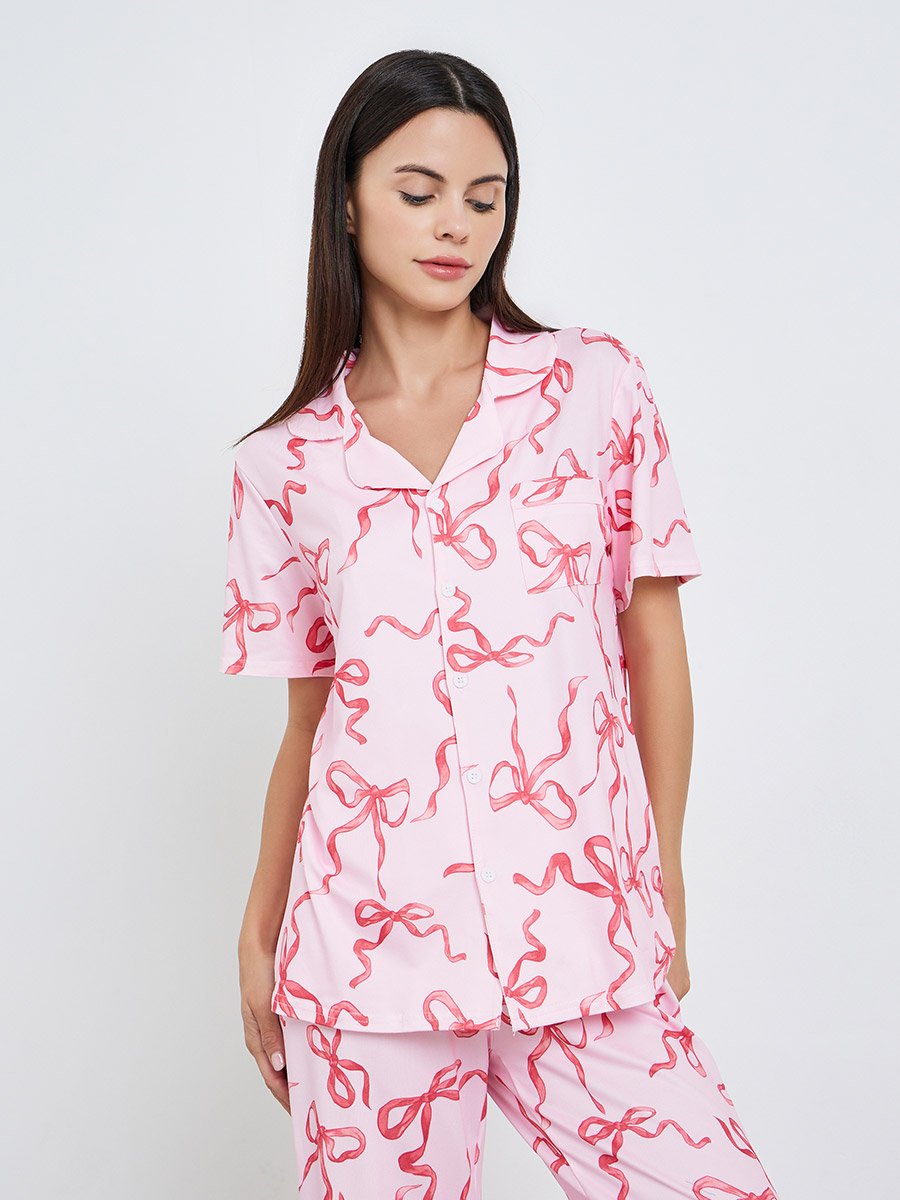 Women Bow Print Buttoned Shirt and Pyjama Set