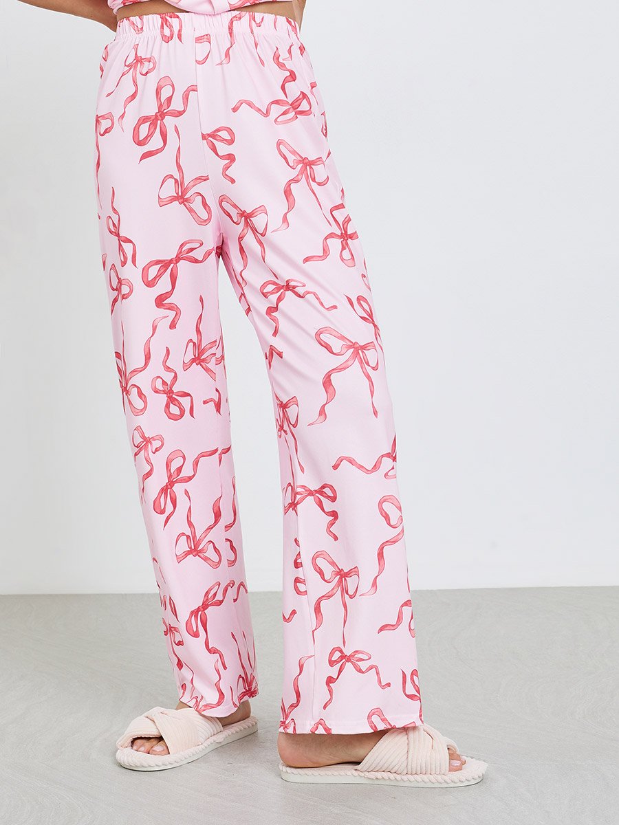 Women Bow Print Buttoned Shirt and Pyjama Set