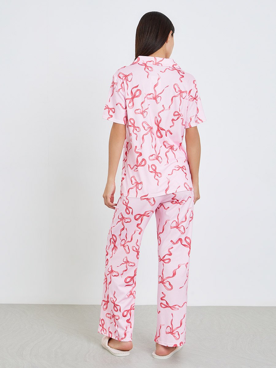 Women Bow Print Buttoned Shirt and Pyjama Set
