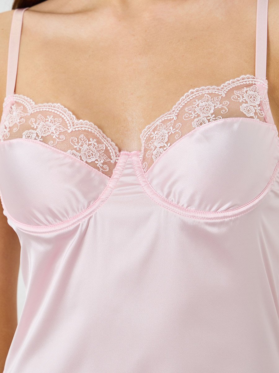 Light Pink Lace Trim Satin Slip Dress with Brief