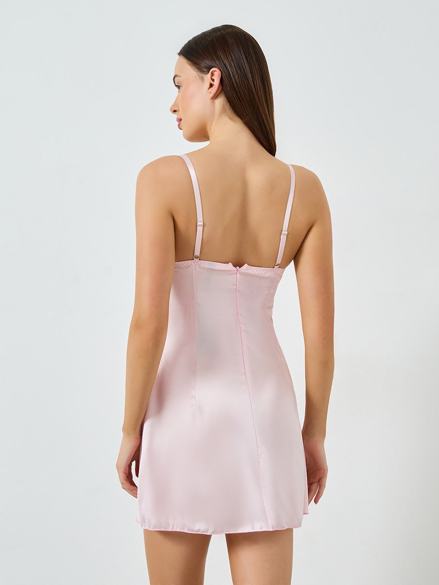 Light Pink Lace Trim Satin Slip Dress with Brief