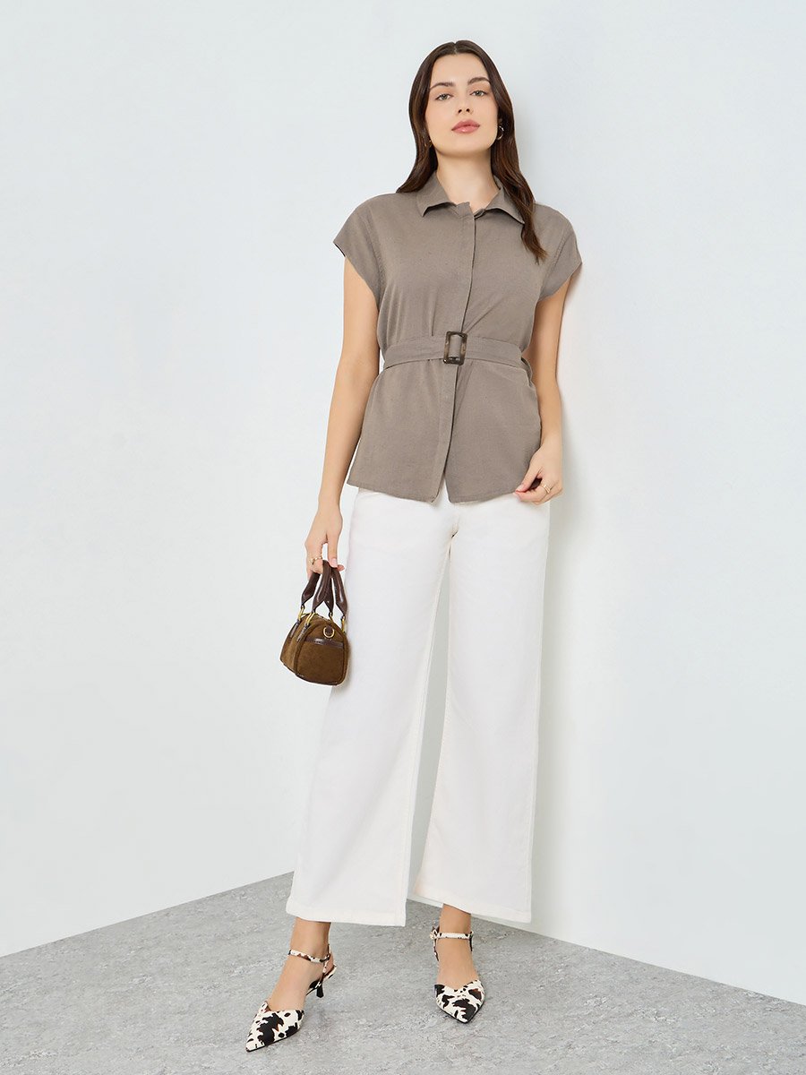 Women Cap Sleeve Belted Shirt