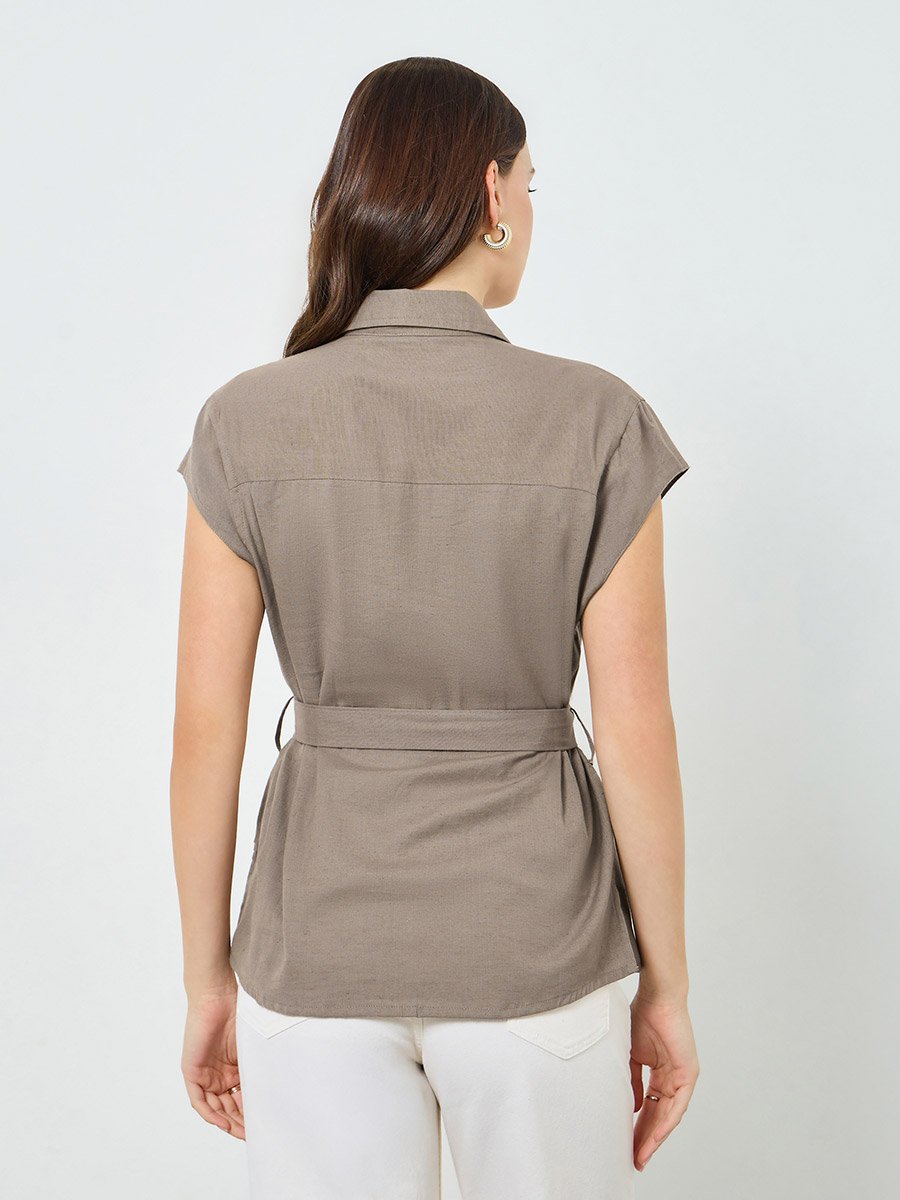 Women Cap Sleeve Belted Shirt