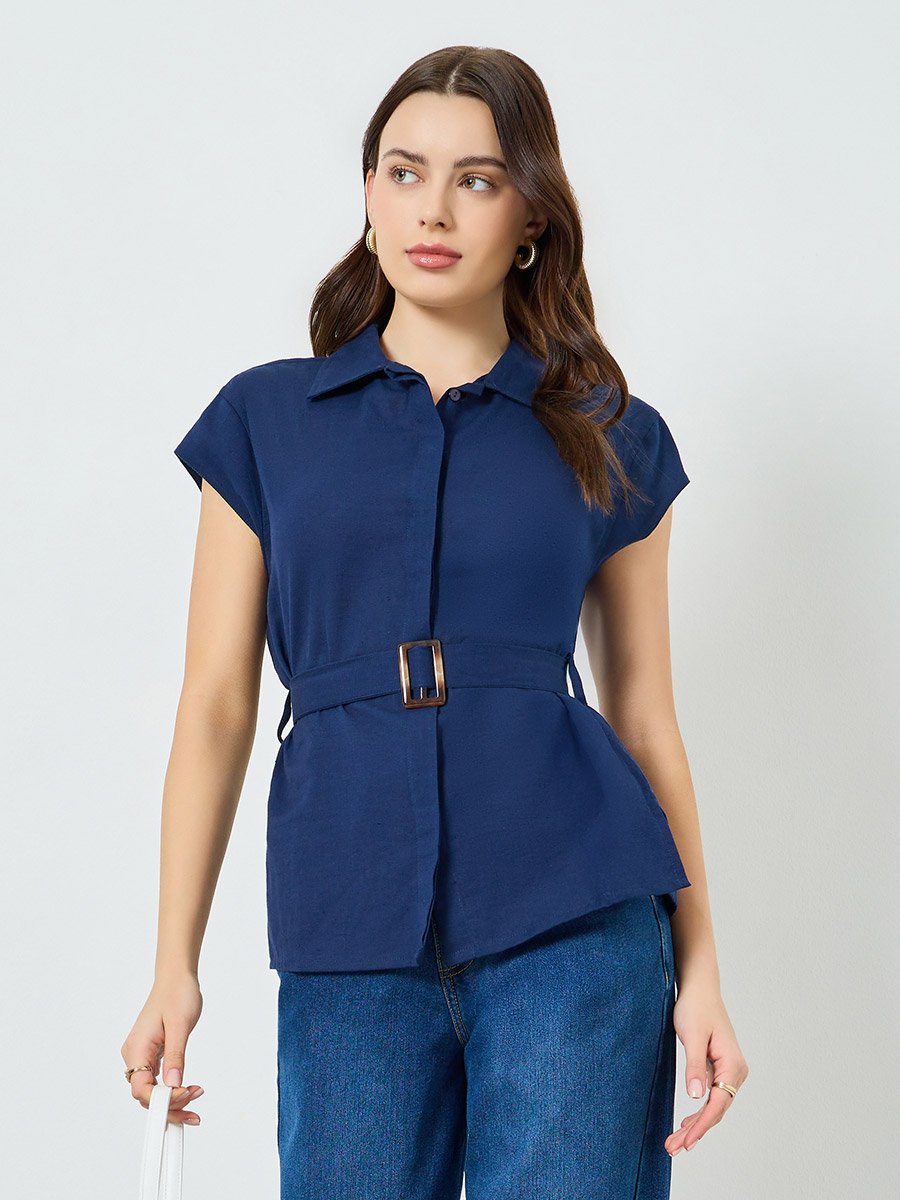 Women Cap Sleeve Belted Shirt
