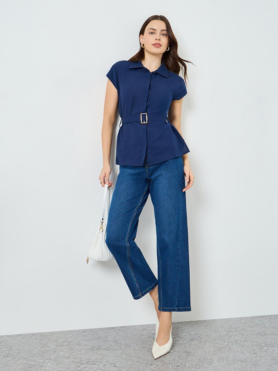 Women Cap Sleeve Belted Shirt