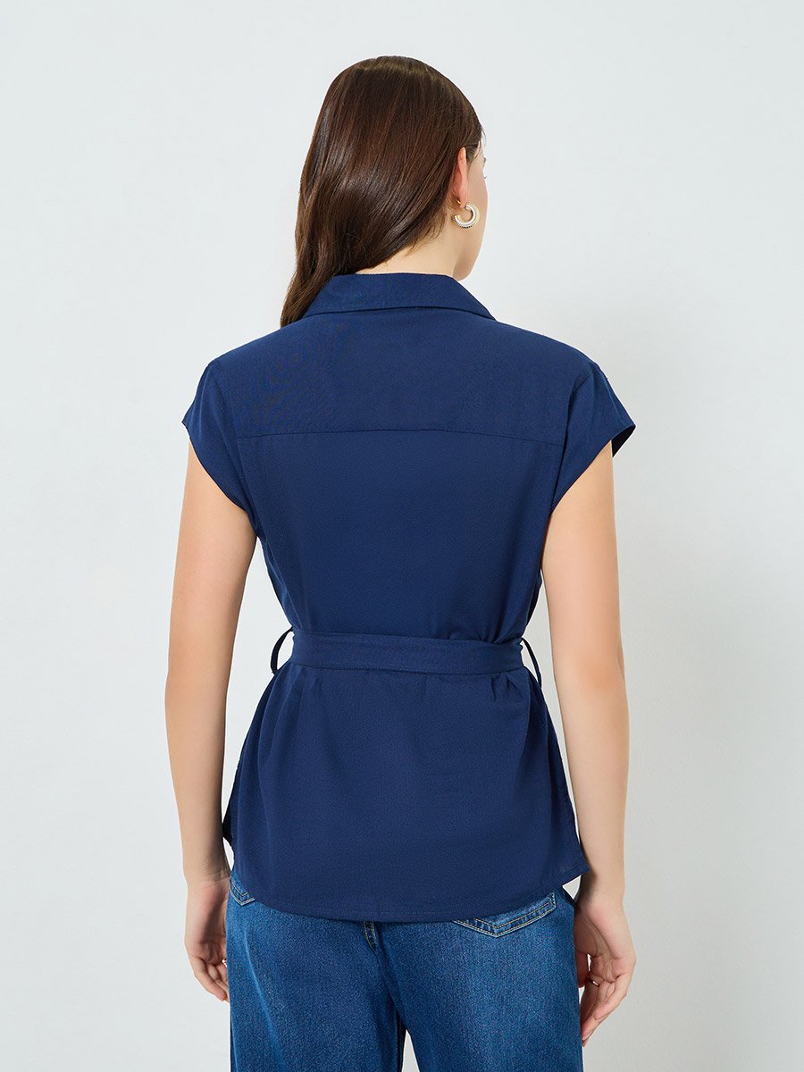 Women Cap Sleeve Belted Shirt