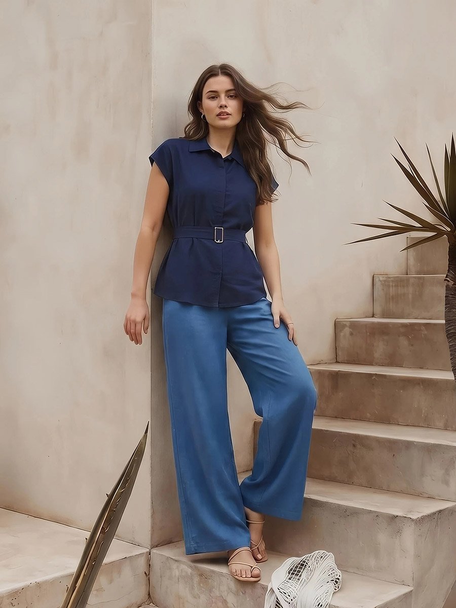 Women Cap Sleeve Belted Shirt