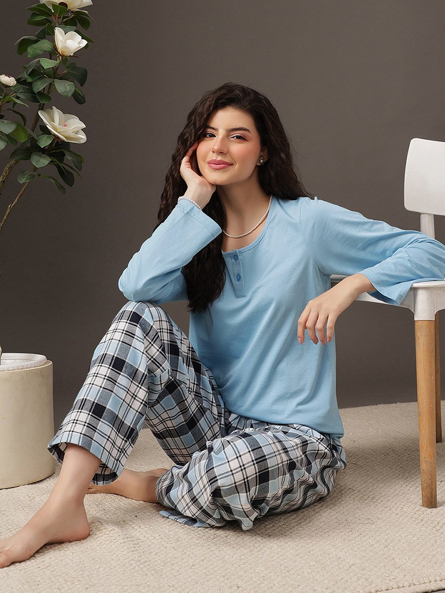 بنطال بيجاما نسائي أزرق كاروهات