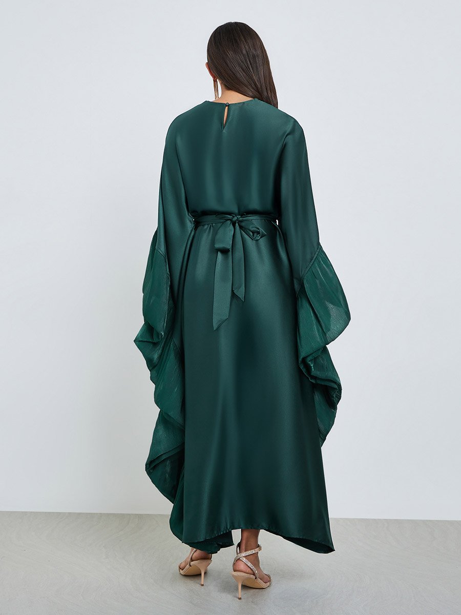 slim fit dress slacks Green Pleated Satin Long Sleeve Dress