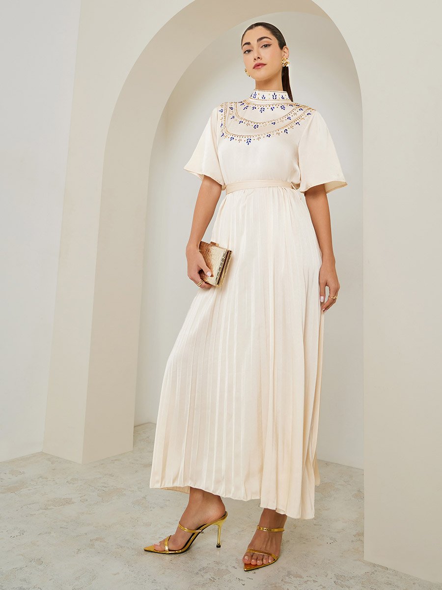 Cream Embellished Pleated A-Line Maxi Dress For Women at UAE | Styli Cream Embellished Pleated A-Line Maxi Dress For Women at UAE | Styli