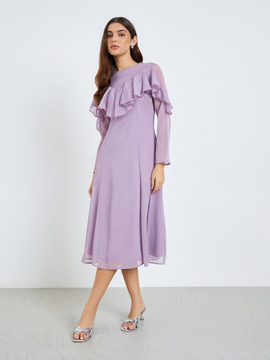 knee length dresses for ladies Floral Ruffle Pleated Midi Dress main image 0