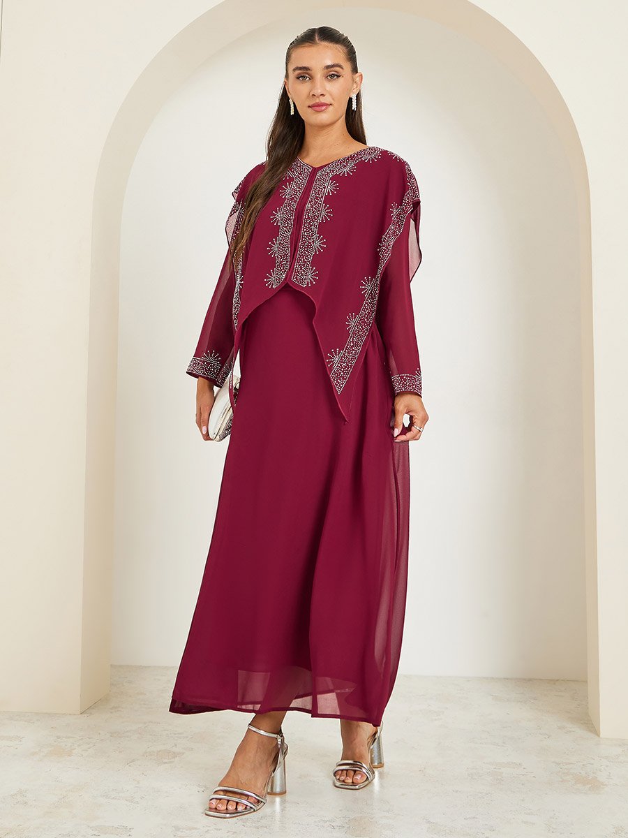 Burgundy Embellished Cape Maxi Dress