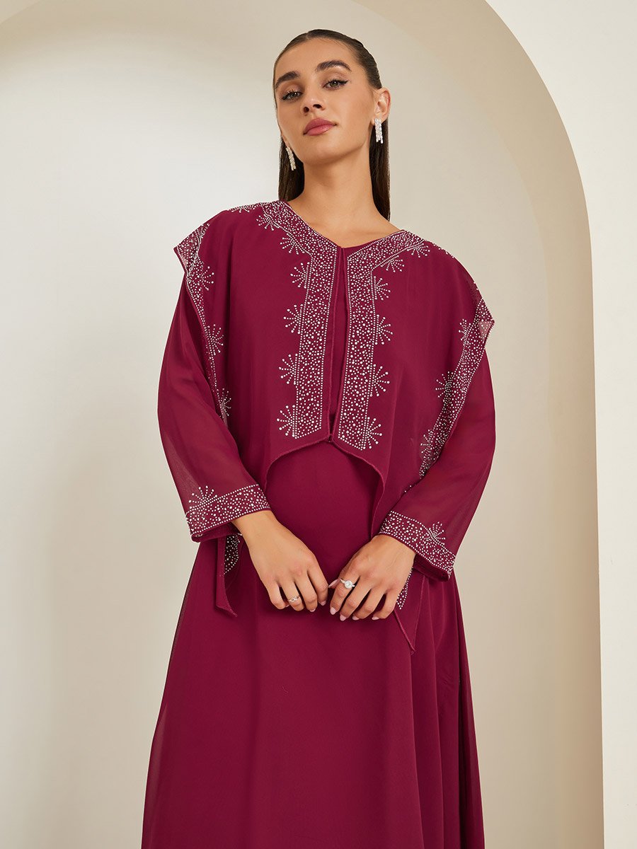 Burgundy Embellished Cape Maxi Dress