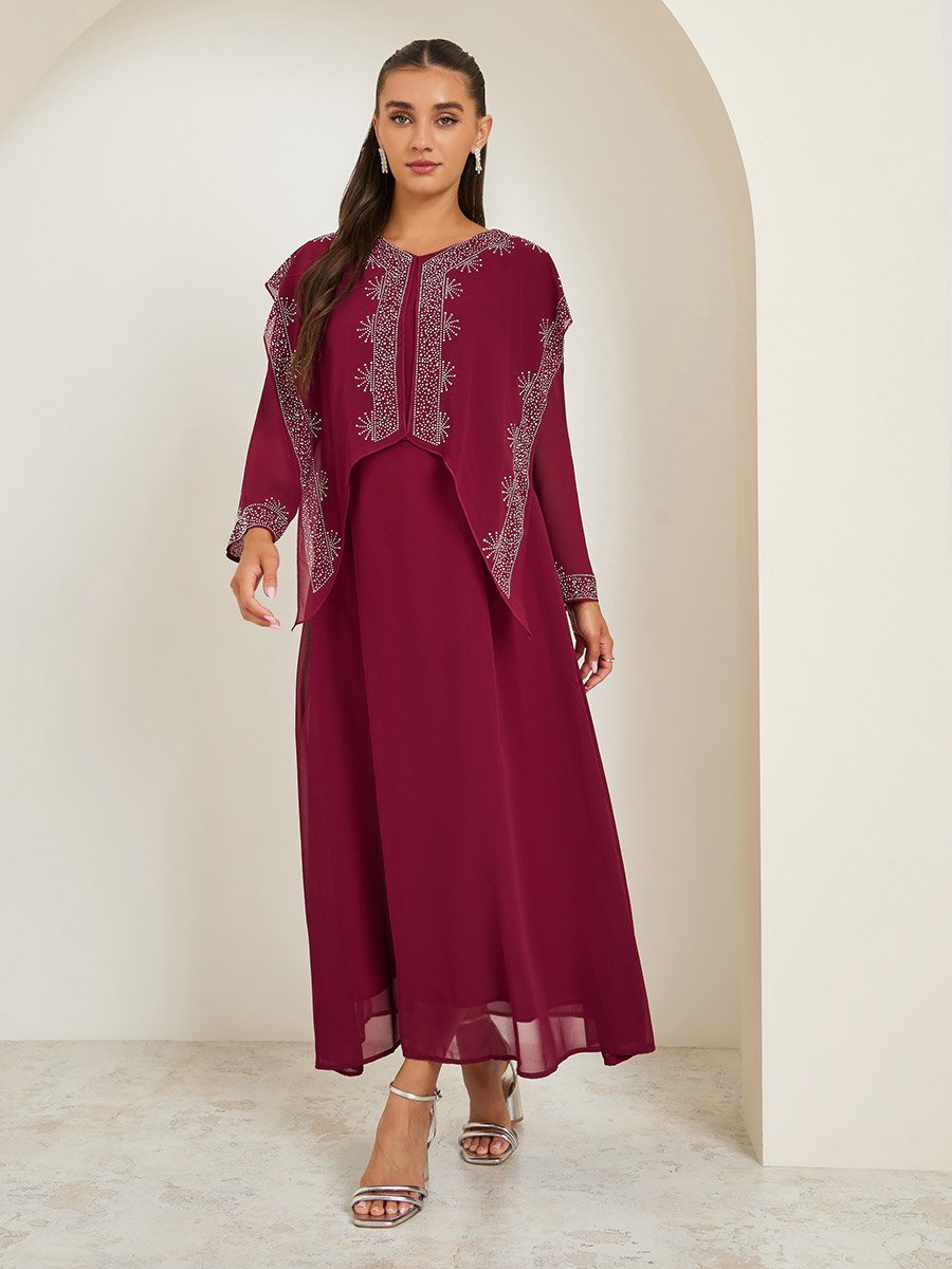 Burgundy Embellished Cape Maxi Dress