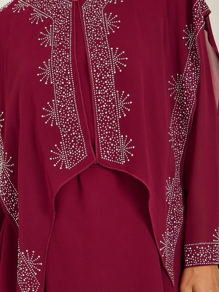 Burgundy Embellished Cape Maxi Dress