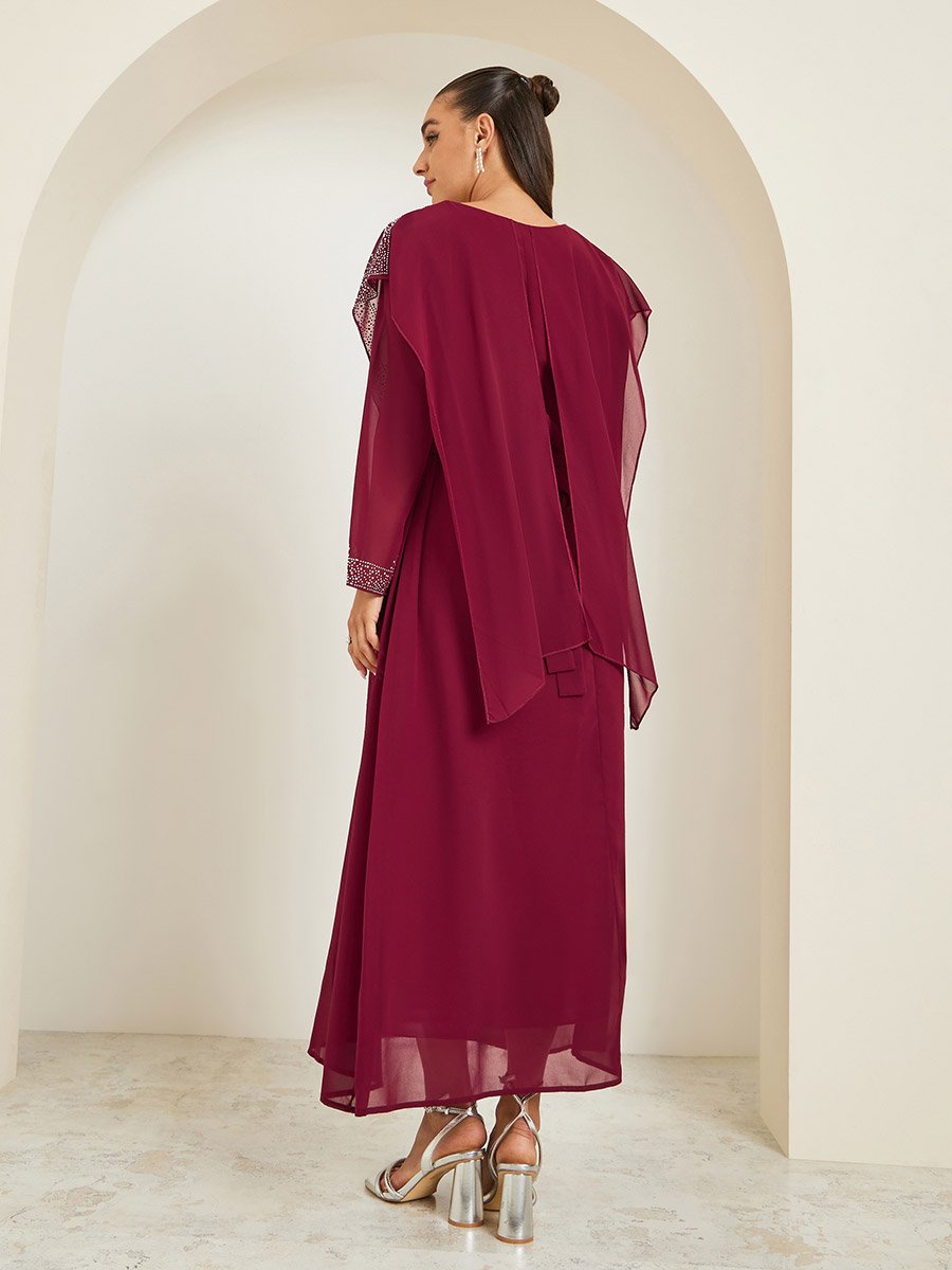 Burgundy Embellished Cape Maxi Dress