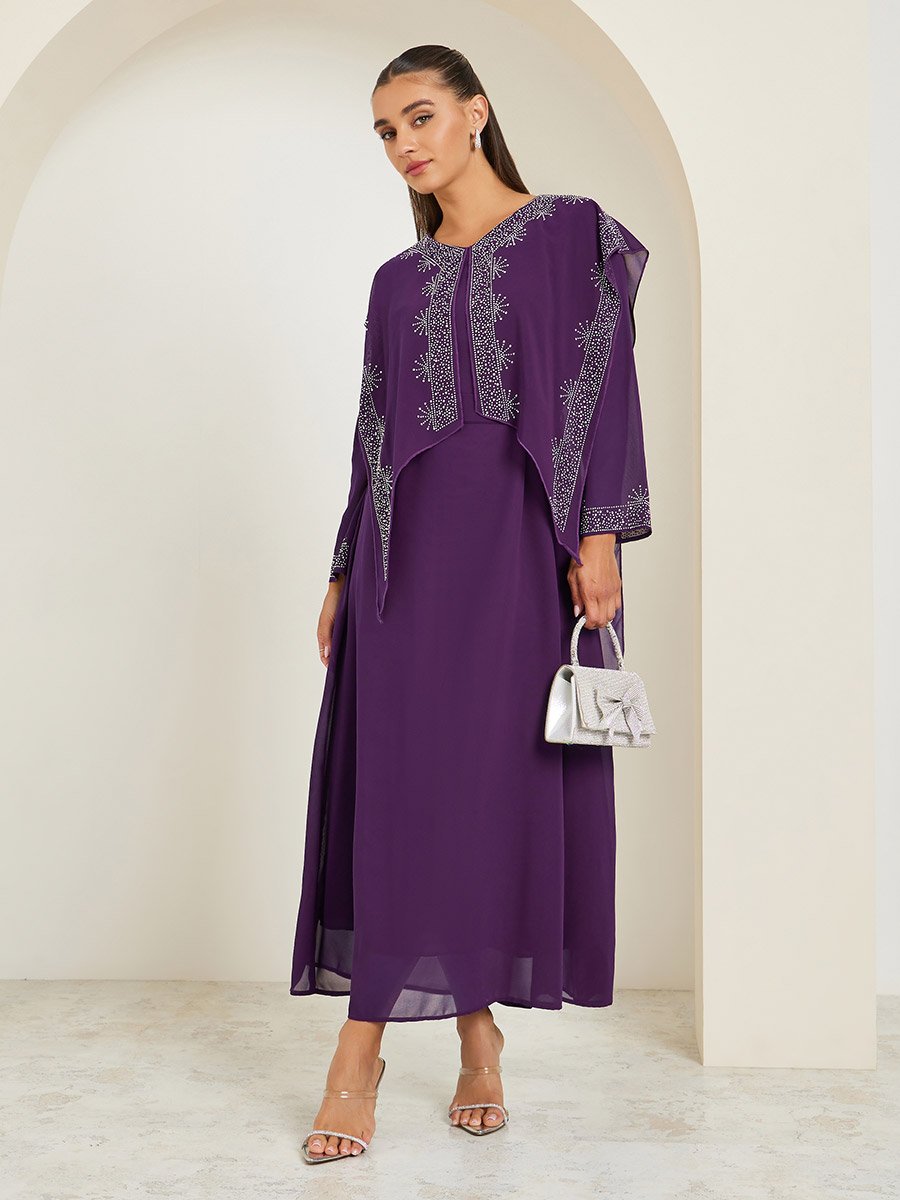 Purple Embellished Cape Maxi Dress