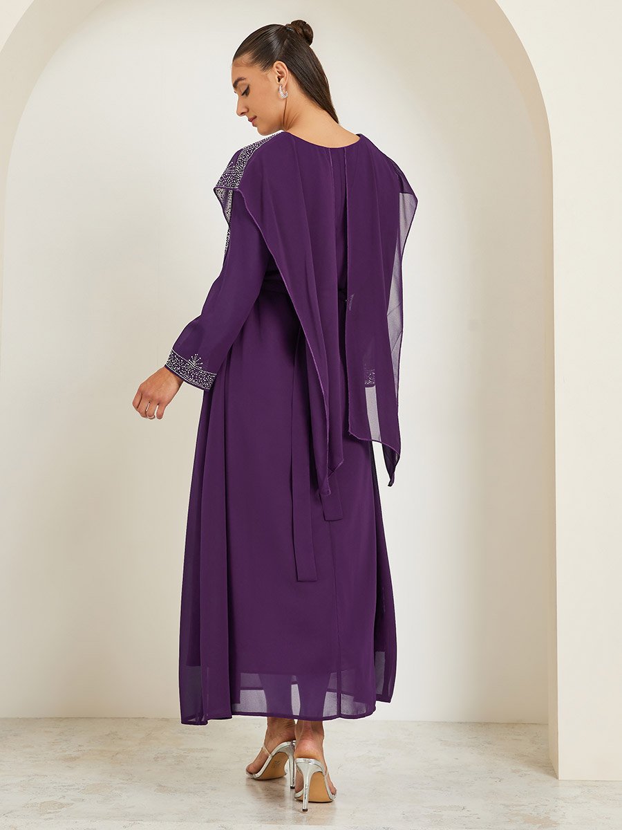 Purple Embellished Cape Maxi Dress