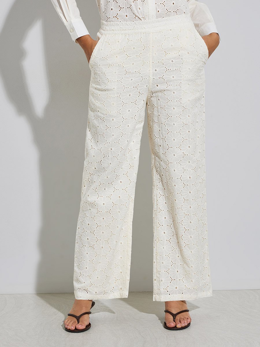 Women Off-White Embroidered Wide Leg Trousers