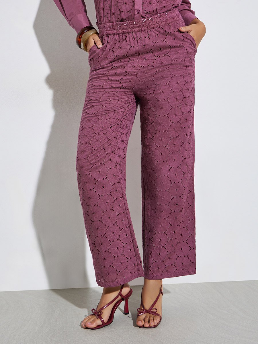 Purple Embroidered Wide Leg Trousers