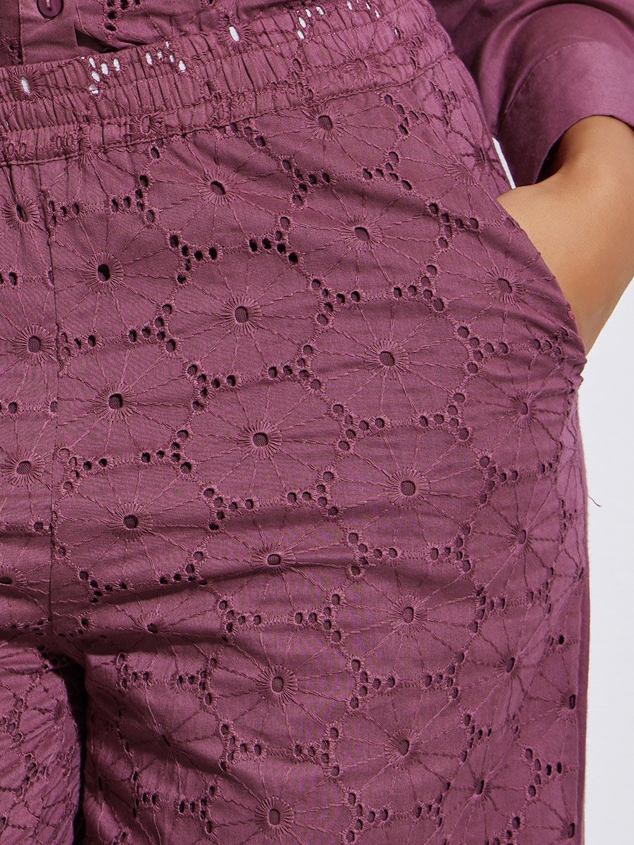 Purple Embroidered Wide Leg Trousers