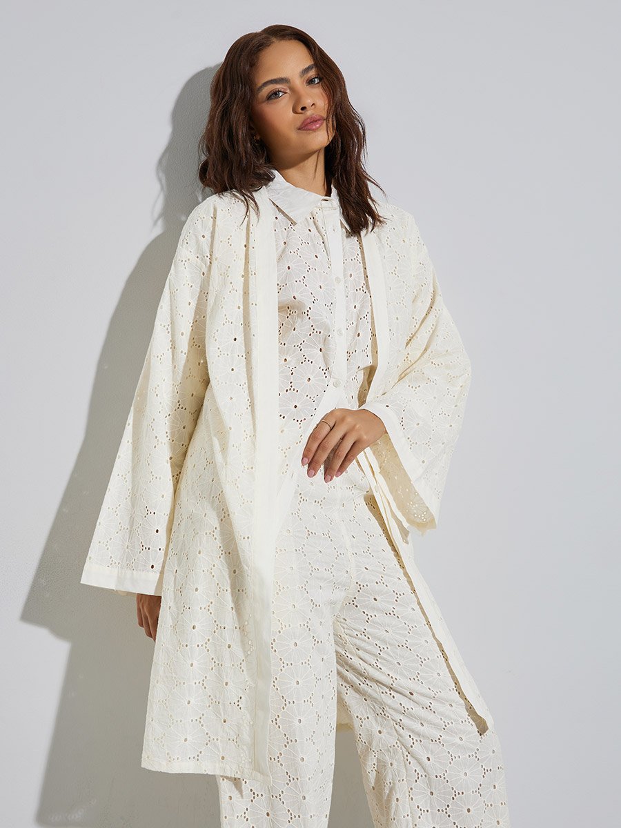 Off-White Schiffli Knee Length Kimono