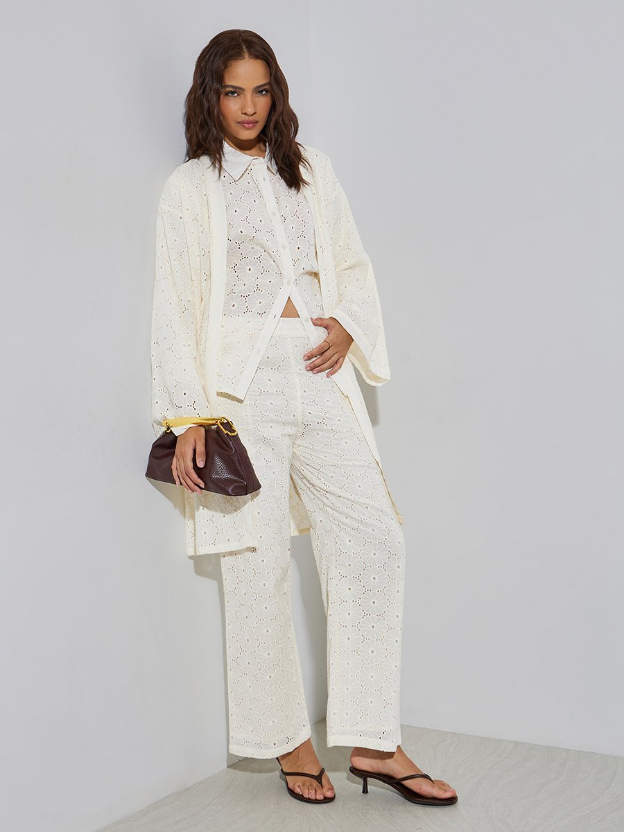Off-White Schiffli Knee Length Kimono