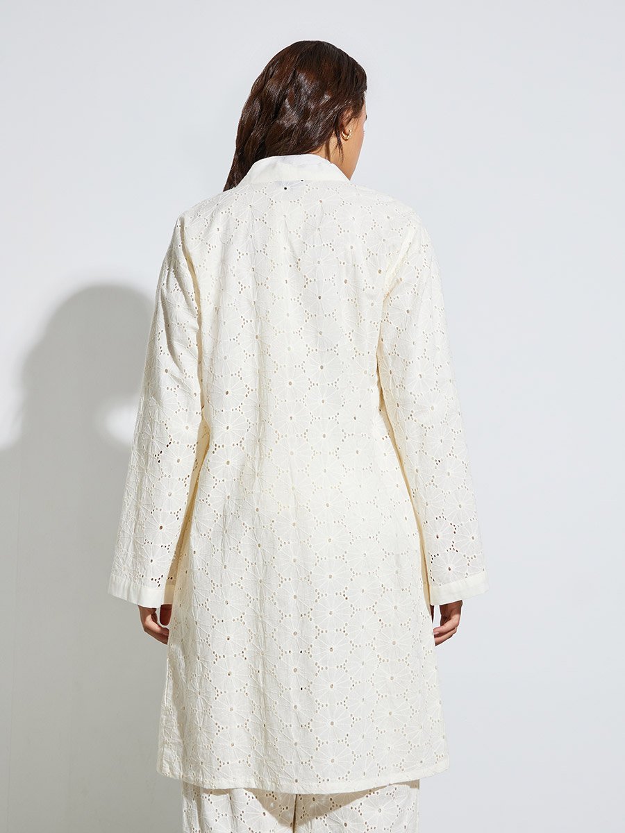 Off-White Schiffli Knee Length Kimono