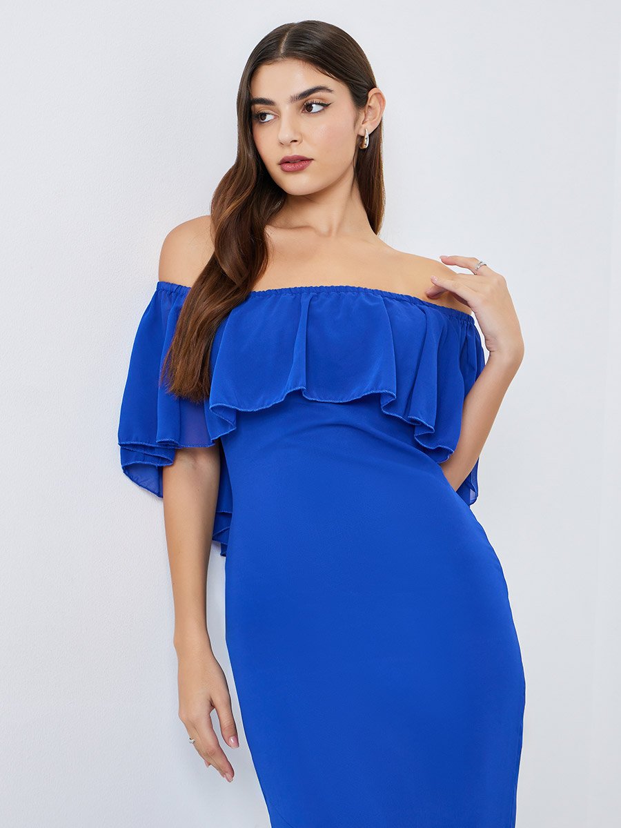 Women Blue Off-Shoulder Sheath Maxi Dress