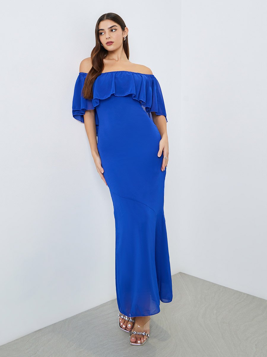 Women Blue Off-Shoulder Sheath Maxi Dress