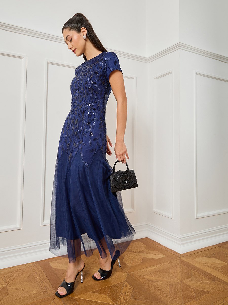 Women Navy Blue Embroidered Mesh A-Line Maxi Dress For Women at UAE | Styli