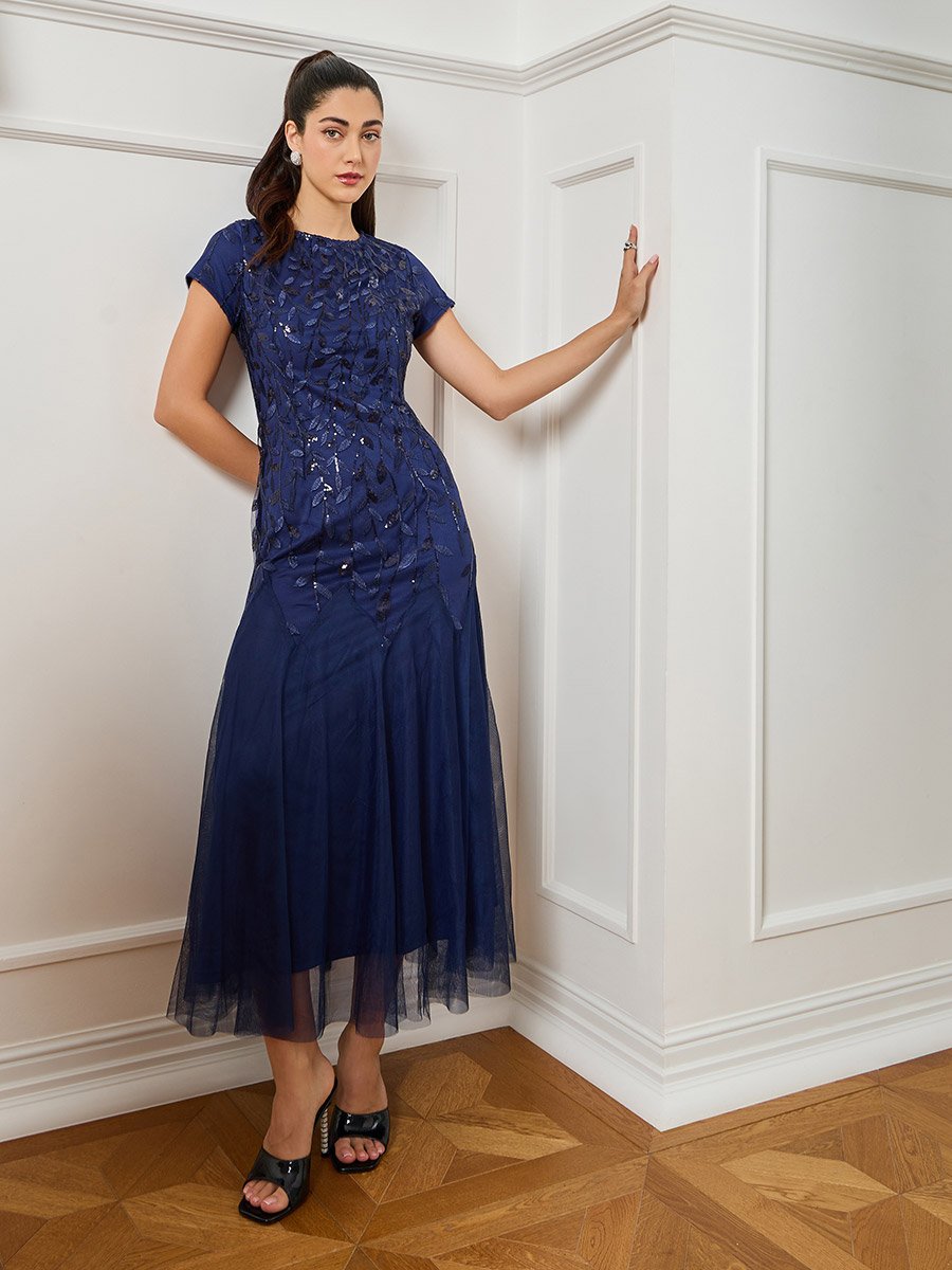 Women Navy Blue Embroidered Mesh A-Line Maxi Dress