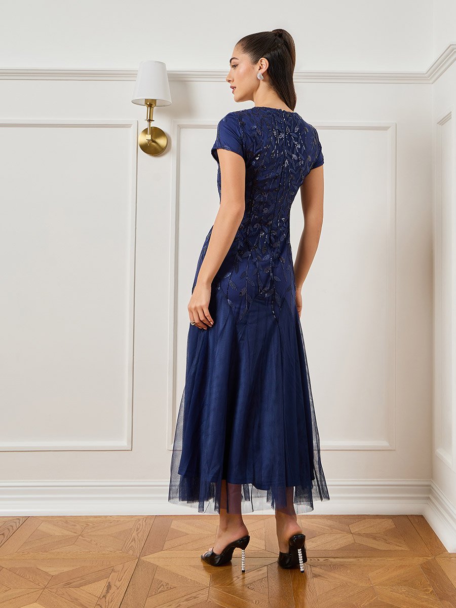 Women Navy Blue Embroidered Mesh A-Line Maxi Dress For Women at Qatar | Styli Women Navy Blue Embroidered Mesh A-Line Maxi Dress For Women at Qatar | Styli