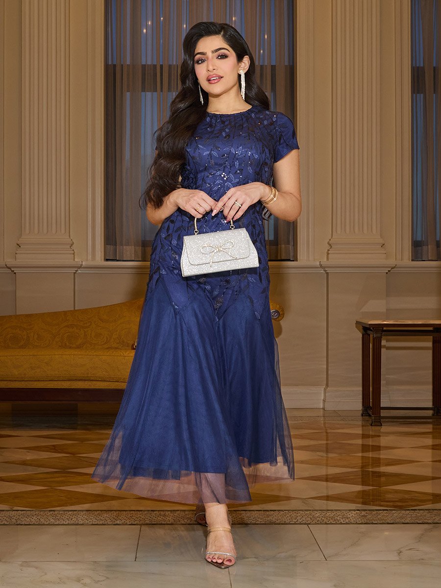 Women Navy Blue Embroidered Mesh A-Line Maxi Dress For Women at Bahrain |  Styli