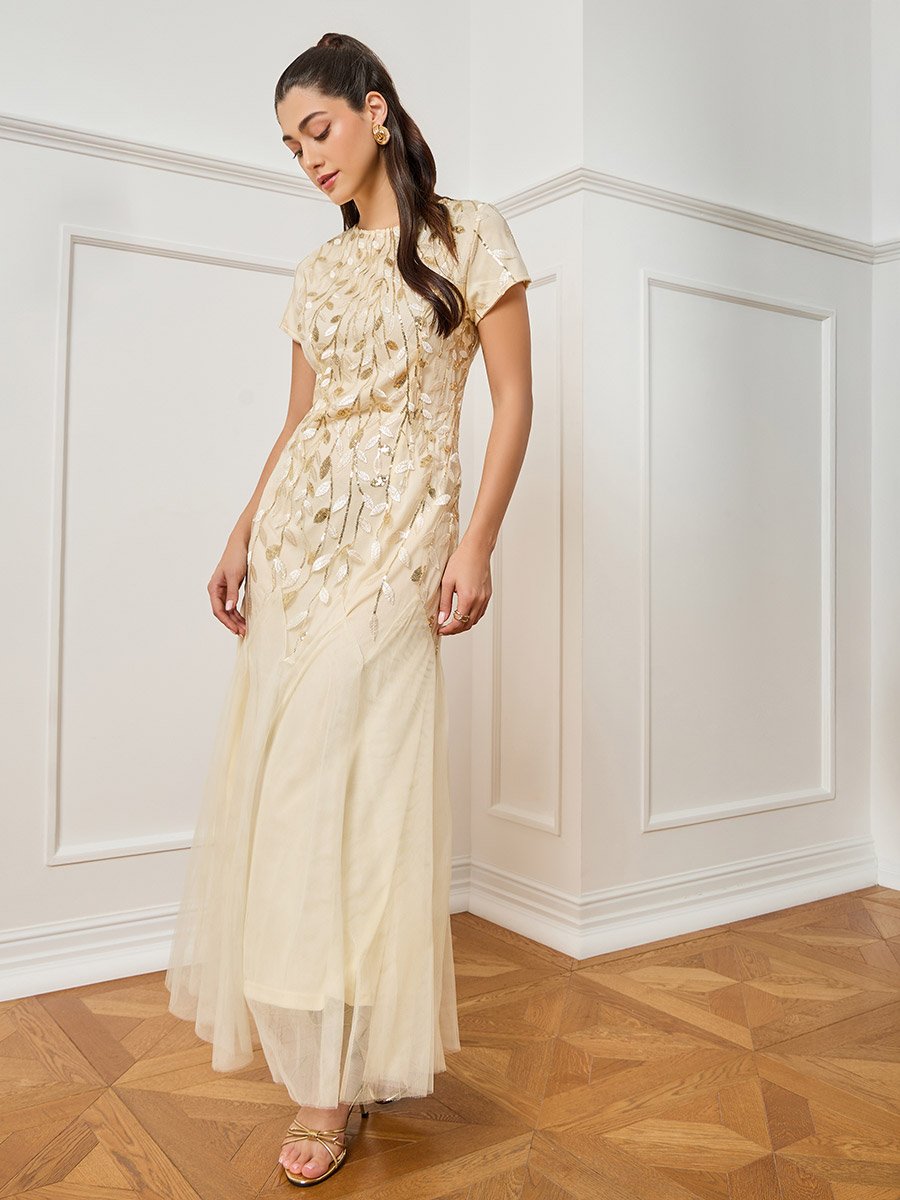 Women Beige Embroidered Mesh A-Line Maxi Dress For Women at Bahrain | Styli Women Beige Embroidered Mesh A-Line Maxi Dress For Women at Bahrain | Styli