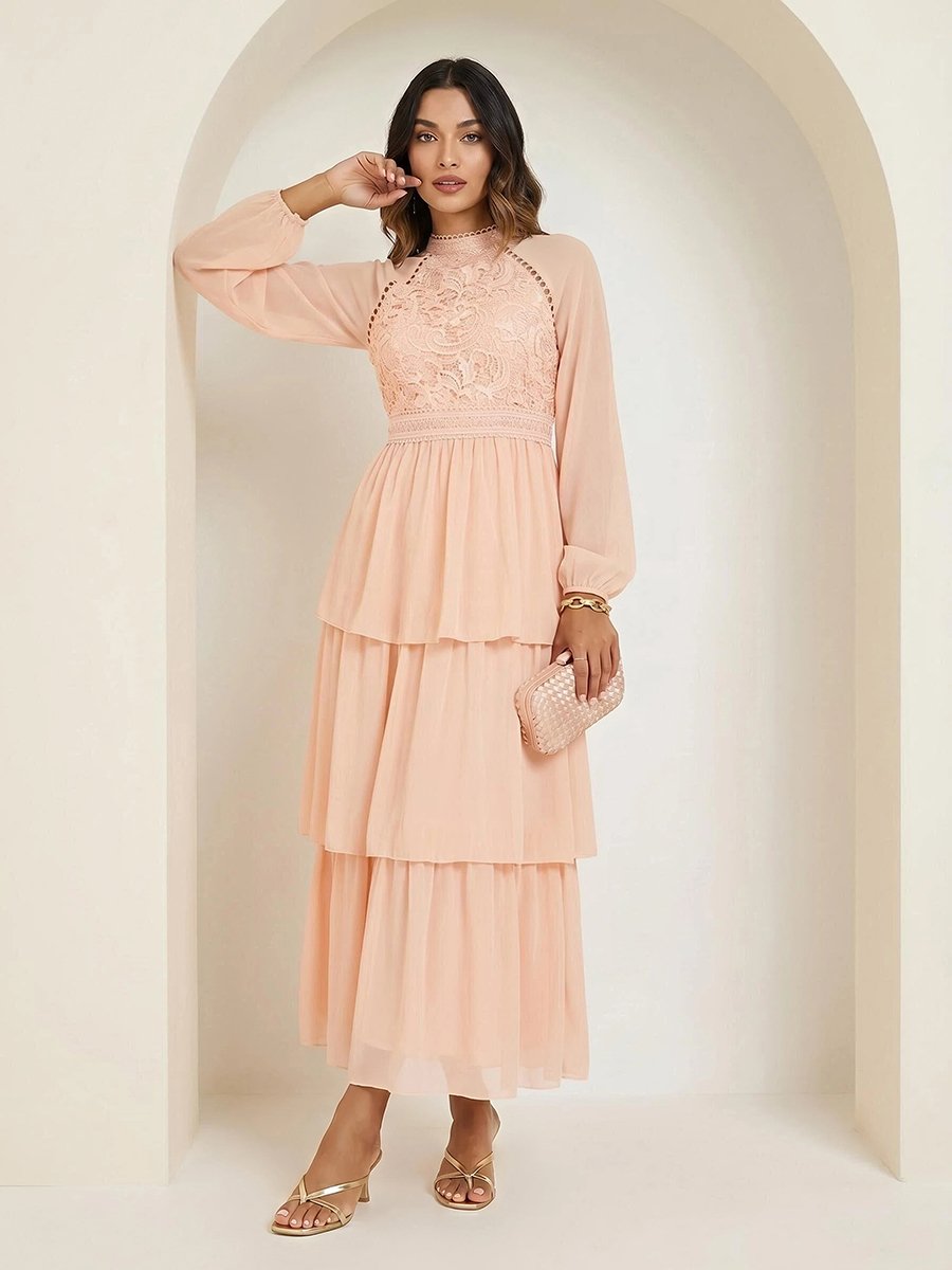 Peach Lace Tiered Maxi Dress For Women at Kuwait | Styli