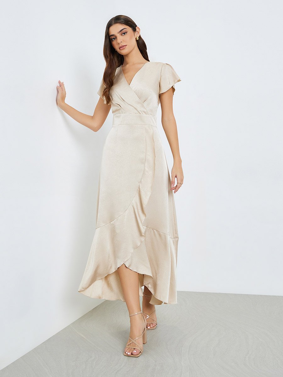 Women Cream Satin Wrap Maxi Dress For Women at Bahrain | Styli